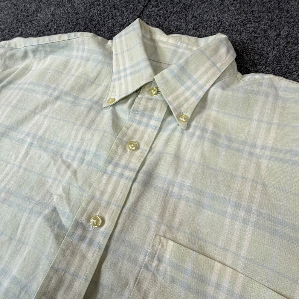 Jos A Bank Travelers Collection Mens M Linen Plaid Short Sleeve Shirt Green Blue